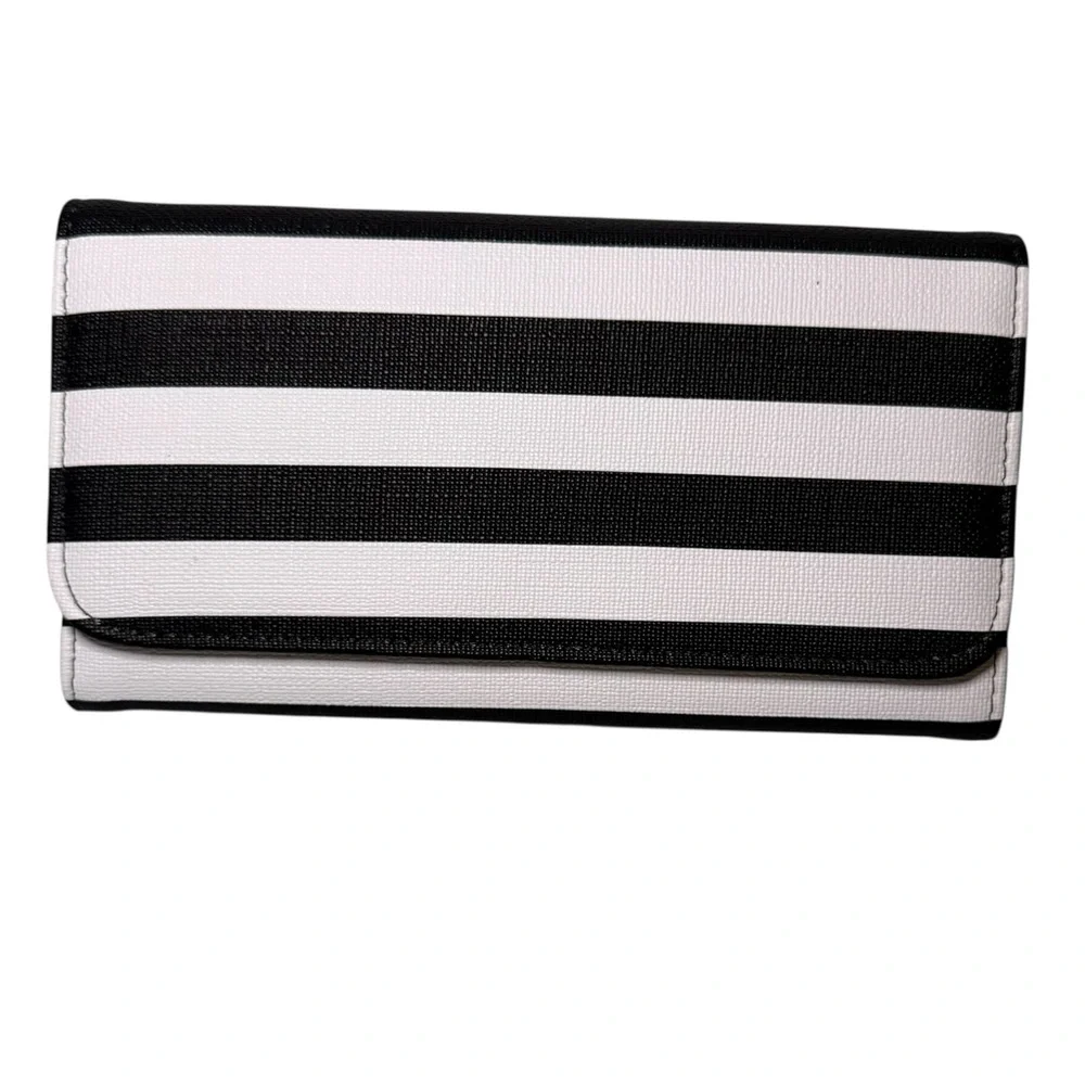 KUT from the Kloth Black White Striped Wallet Slim Snap Canvas Vegan